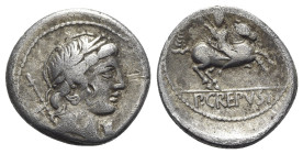 Pub. Crepusius, Rome, 82 BC. AR Denarius (18mm, 3.60g, 3h). Laureate head of Apollo r.; sceptre and letter to l.; symbol to lower r. R/ Horseman ridin...