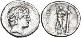 L. Censorinus, Rome, 82 BC. AR Denarius (18mm, 4.02g). Laureate head of Apollo r. R/ Marsyas standing l., holding wineskin over shoulder; to r., colum...