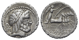 Q. Antonius Balbus, Rome, 83-82 BC. AR Serrate Denarius (19mm, 3.81g, 5h). Laureate head of Jupiter r. R/ Victory driving quadriga r., holding reins, ...