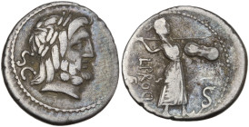 L. Procilius, Rome, 80 BC. AR Denarius (18mm, 3.87g). Laureate head of Jupiter r. R/ Juno Sospita walking r., hurling spear and holding shield; serpen...