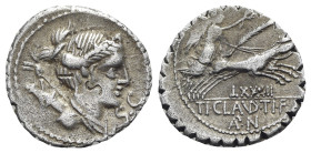 Ti. Claudius Ti.f. Ap.n. Nero, Rome, 79 BC. AR Serrate Denarius (19mm, 3.34g, 6h). Draped bust of Diana r., bow and quiver over shoulder. R/ Victory d...