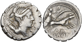 Ti. Claudius Ti.f. Ap.n. Nero, Rome, 79 BC. AR Serrate Denarius (18mm, 3.74g). Draped bust of Diana r., bow and quiver over shoulder. R/ Victory drivi...