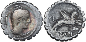 L. Papius, Rome, 79 BC. AR Serrate Denarius (19mm, 3.74g). Head of Juno Sospita r., wearing goat-skin headdress; symbol to l. R/ Griffin springing r.;...