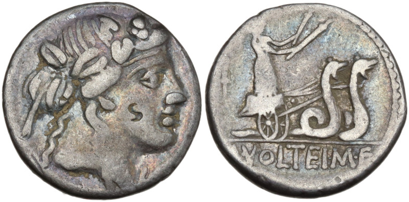 M. Volteius M.f., Rome, 75 BC. AR Denarius (17mm, 3.62g). Head of Bacchus (or Li...