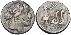 M. Volteius M.f., Rome, 75 BC. AR Denarius (17mm, 3.62g). Head of Bacchus (or Liber) r., wearing ivy wreath. R/ Ceres, standing in chariot, holding li...