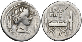 L. Furius Cn.f. Brocchus, Rome, 63 BC. AR Denarius (19mm, 3.73g). Head of Ceres r., wearing wreath of grain ears, a lock of hair falling down her neck...