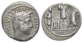 L. Aemilius Lepidus Paullus, Rome, 62 BC. AR Denarius (18.5mm, 3.87g, 5h). Veiled and diademed head of Concordia r. R/ Trophy; to l., three captives (...