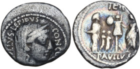 L. Aemilius Lepidus Paullus, Rome, 62 BC. AR Denarius (19mm, 3.69g). Veiled and diademed head of Concordia r. R/ Trophy; to l., three captives (King P...