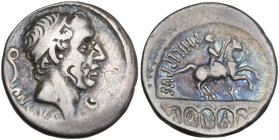 L. Marcius Philippus, Rome, 57 BC. AR Denarius (17mm, 3.80g). Diademed head of Ancus Marcius r.; lituus to l. R/ Equestrian statue r. on aqueduct; flo...
