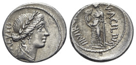 Roman Imperatorial, Man. Acilius Glabrio, Rome, 49 BC. AR Denarius (19mm, 3.86g, 6h). Laureate head of Salus r. R/ Salus standing l. against column, h...