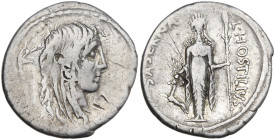 Roman Imperatorial, L. Hostilius Saserna, Rome, 48 BC. AR Denarius (20mm, 3.87g). Head of Gallia r.; Gallic trumpet (carnyx) behind. R/ Diana of Ephes...