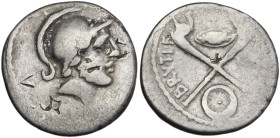 Roman Imperatorial, D. Iunius Brutus Albinus, Rome, 48 BC. AR Denarius (18mm, 3.73g). Head of young Mars, with slight beard, wearing crested helmet. R...