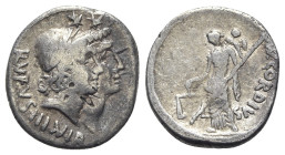 Roman Imperatorial, Mn. Cordius Rufus, Rome, 46 BC. AR Denarius (18mm, 3.29g, 6h). Conjoined heads of the Dioscuri r., wearing pilei with fillet surmo...