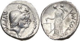 Roman Imperatorial, Mn. Cordius Rufus, Rome, 46 BC. AR Denarius (18mm, 3.89g). Conjoined heads of the Dioscuri r., wearing pilei with fillet surmounte...
