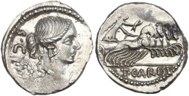 Roman Imperatorial, T. Carisius, Rome, 46 BC. AR Denarius (18mm, 3.69g). Draped and winged bust of Victory r. R/ Victory driving quadriga r. Crawford ...