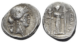 Roman Imperatorial, P. Clodius M.f. Turrinus, Rome, 42 BC. AR Denarius (19mm, 3.81g, 11h). Laureate head of Apollo r.; lyre behind. R/ Diana Lucifera ...