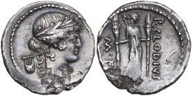 Roman Imperatorial, P. Clodius M.f. Turrinus, Rome, 42 BC. AR Denarius (19mm, 3.46g). Laureate head of Apollo r.; lyre behind. R/ Diana Lucifera stand...