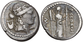 Roman Imperatorial, P. Clodius M.f. Turrinus, Rome, 42 BC. AR Denarius (17mm, 4.05g). Laureate head of Apollo r.; lyre behind. R/ Diana Lucifera stand...