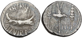 Mark Antony, Patrae(?), Autumn 32-spring 31 BC. AR Denarius (18mm, 3.73g). Legionary type. Galley r. R/ LEG III, Legionary aquila between two signa. C...