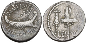 Mark Antony, Patrae(?), Autumn 32-spring 31 BC. AR Denarius (18mm, 3.42g). Legionary type. Galley r. R/ LEG V, legionary aquila between two signa. Cra...