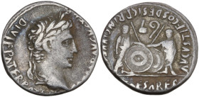 Augustus (27 BC-AD 14). AR Denarius (19mm, 3.81g). Lugdunum, 2 BC-AD 4. Laureate head r. R/ Caius and Lucius Caesars standing facing, holding shields ...