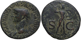 Claudius (41-54). Æ As (28mm, 11.04g). Rome. Bare head l. R/ Minerva standing r., brandishing javelin and holding shield on l. arm. RIC I 116. Good Fi...