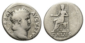 Nero (54-68). AR Denarius (17mm, 3.25g). Rome, c. 65-6. Laureate head r. R/ Salus seated l. on ornamented throne, holding patera. RIC I 60; RSC 314. G...