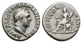 Vitellius (AD 69). AR Denarius (18mm, 3.08g). Rome, c. late April–20 December. Laureate head r. R/ Concordia seated l., holding patera and cornucopia....