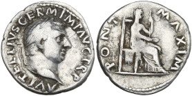 Vitellius (AD 69). AR Denarius (18mm, 3.11g). Rome, c. late April-20 December. Laureate head r. R/ Vesta seated r., holding sceptre and patera. RIC I ...