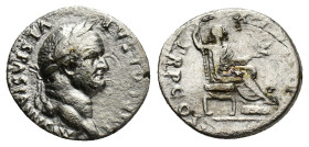 Vespasian (69-79). AR Denarius (19mm, 2.97g). Rome, AD 74. Laureate head r. R/ Vespasian seated r., holding branch and sceptre. RIC II 702; RSC 364. G...