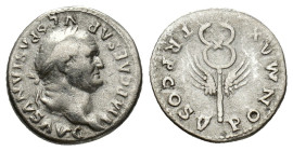 Vespasian (69-79). AR Denarius (19mm, 3.29g). Rome, AD 74. Laureate head r. R/ Winged caduceus. RIC II 703; RSC 362. Good Fine - near VF