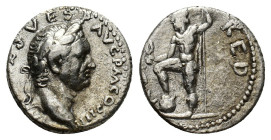 Vespasian (69-79). AR Denarius (17mm, 3.28g). Antioch (or Tyre?), 72-3. Laureate head r. R/ Neptune standing l., with r. foot on globe, holding acrost...
