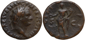 Titus (79-81). Æ As (26mm, 8.12g). Rome, 80-1. Laureate head r. R/ Genius standing l., holding patera over altar, and cornucopia. RIC II 227. Good Fin...