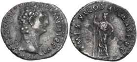 Domitian (81-96). AR Denarius (19mm, 2.93g). Rome, AD 91. Laureate head r. R/ Minerva standing l., holding spear. RIC II 727; RSC 267. Good Fine