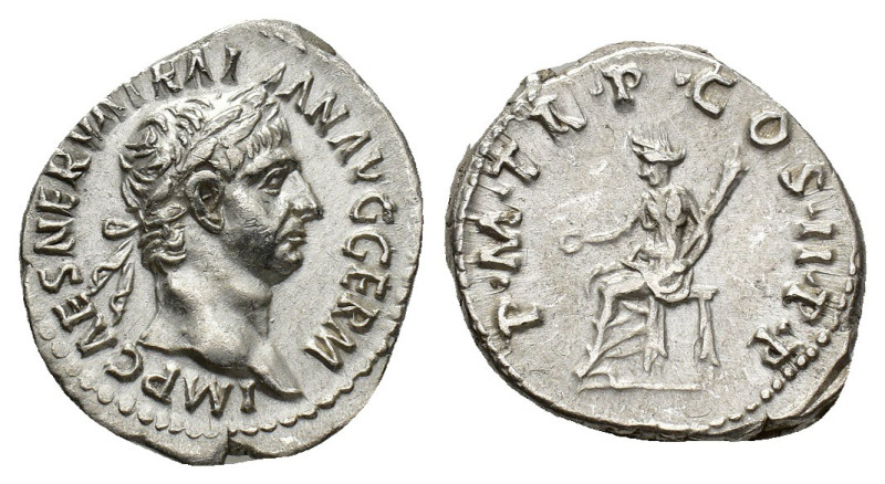 Trajan (98-117). AR Denarius (18.5mm, 3.61g). Rome, 98-99. Laureate head r. R/ V...