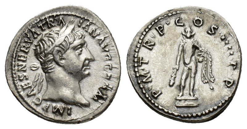 Trajan (98-117). AR Denarius (19mm, 3.46g). Rome, 101-102. Laureate head r. R/ H...