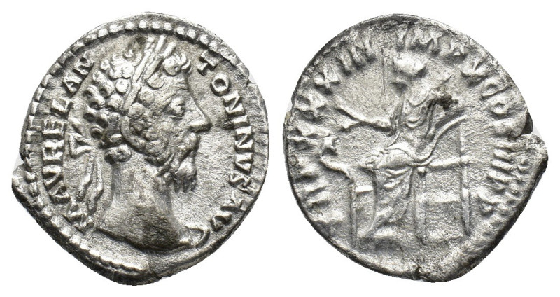 Marcus Aurelius (161-180). AR Denarius (19mm, 2.96g). Rome, 179. Laureate head r...