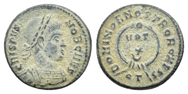 Crispus (Caesar, 316-326). Æ Follis (18mm, 3.53g). Ticinum, 322-5. Laureate and ...