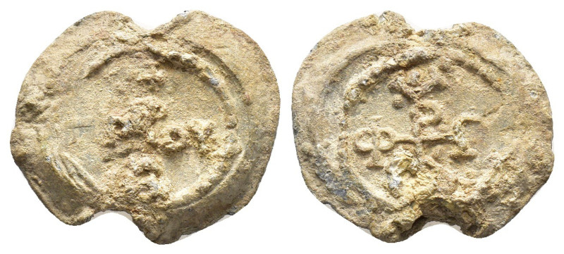 Byzantine Pb Seal, c. 7th-12th century (22mm, 9.13g). Cruciform monogram. R/ Cru...