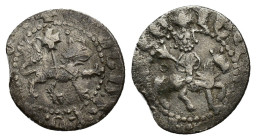 Cilician Armenia, Levon, the Usurper (1363-1365). AR Takvorin (17mm, 2.15g). Levon on horseback r., holding sceptre with lis; annulet in field. R/ Lio...