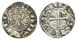 Crusaders, Antioch. Bohémond III (1163-1201). BI Denier (17mm, 0.88g). Helmeted bust l., wearing chain mail, flanked by crescent and star. R/ Cross pa...