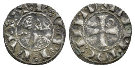 Crusaders, Antioch. Raymond-Roupen (1216-1219). BI Denier (18mm, 0.93g). Helmeted bust l., wearing chain mail, flanked by crescent and star. R/ Cross ...