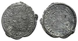 Austria, Leopold I (1657-1705). PB 3 Kreuzer 1703 (22.5mm, 2.66g). Laureate and cuirassed bust r. R/ Three coat-of-arms. Cf. KM 1115. Good Fine