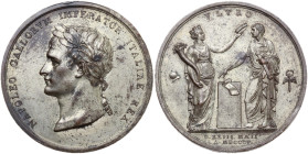 France, Napoleon I (1805-1814). Silvered Bronze Medal 1805 (42mm). Opus Manfredini. NAPOLEO GALLORVM IMPERATOR ITALIAE REX, Laureate bust l. R/ VLTRO ...