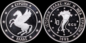 GREECE: 10 Ecu (1992) in silver (0,999). Pegasus rearing left on obverse. Cornucopia within 12 stars on reverse. Diameter: 28mm. Weight: 10gr. Medal a...