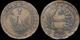 GREECE: 10 Lepta (1828) (type A.1) in copper. Phoenix with converging rays on obverse. Variety "170-F.g" by Peter Chase. Coin alignment. Polished. (He...