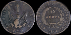 GREECE: 10 Lepta (1831) (type C) in copper. Phoenix on obverse. Variety "428-R.l" by Peter Chase. Inside slab by PCGS "F Detail / Environmental Damage...