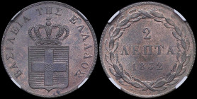 GREECE: 2 Lepta (1832) (type I) in copper. Royal coat of arms and inscription "ΒΑΣΙΛΕΙΑ ΤΗΣ ΕΛΛΑΔΟΣ" on obverse. Inside slab by NGC "MS 64 RB". Cert n...