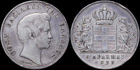 GREECE: 5 Drachmas (1833) (type I) in silver (0,900). Head of King Otto facing right and inscription "ΟΘΩΝ ΒΑΣΙΛΕΥΣ ΤΗΣ ΕΛΛΑΔΟΣ" on obverse. Incomplet...