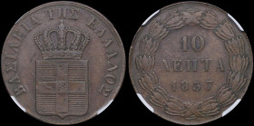 GREECE: 10 Lepta (1837) (type I) in copper. Royal coat of arms and inscription "ΒΑΣΙΛΕΙΑ ΤΗΣ ΕΛΛΑΔΟΣ" on obverse. Inside slab by NGC "AU 53 BN". Cert ...